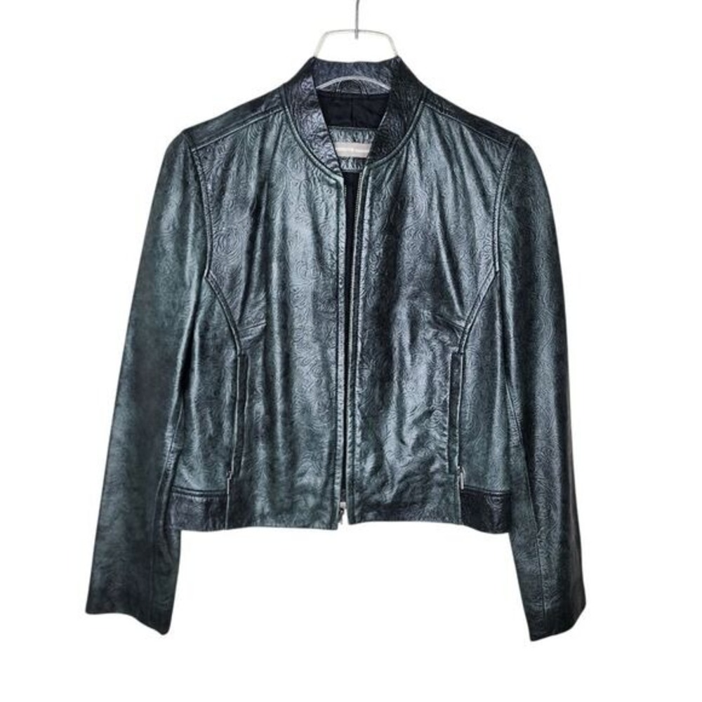 Valerie Stevens Separates Green‎ Embossed Floral Leather Jacket Size Small